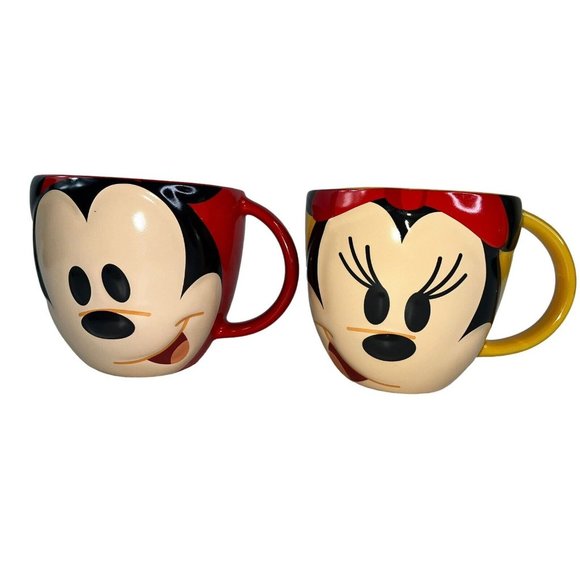2 Minnie & Mickey Soup Mugs Oversized Coffee Cups Big Faces Red Yellow Disney - Picture 2 of 9